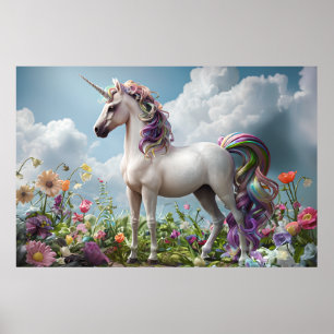 Affiche Unicorne arc-en-ciel dans Flower Meadow - Imaginai