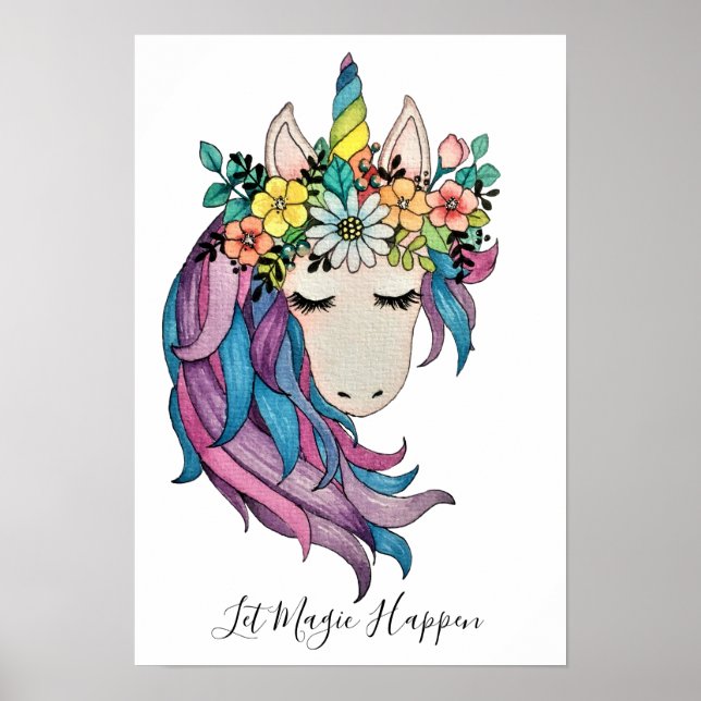 Affiche Unicorne Avec Fleurs Sauvages En Aquarelle (Devant)