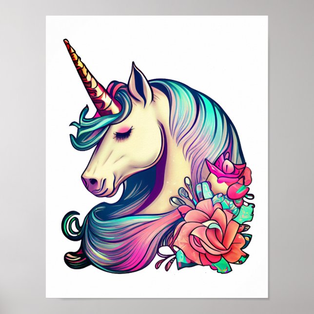 Affiche Unicorne avec Fleurs Vector Art (Devant)