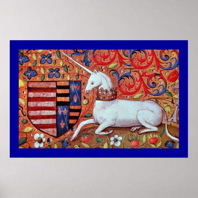 AFFICHE UNICORNE AVEC MOTIFS FLORAUX BLEU ROUGE (Devant)