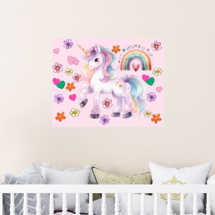 Affiche Unicorne colorée Rainbow et fleurs Nursery
