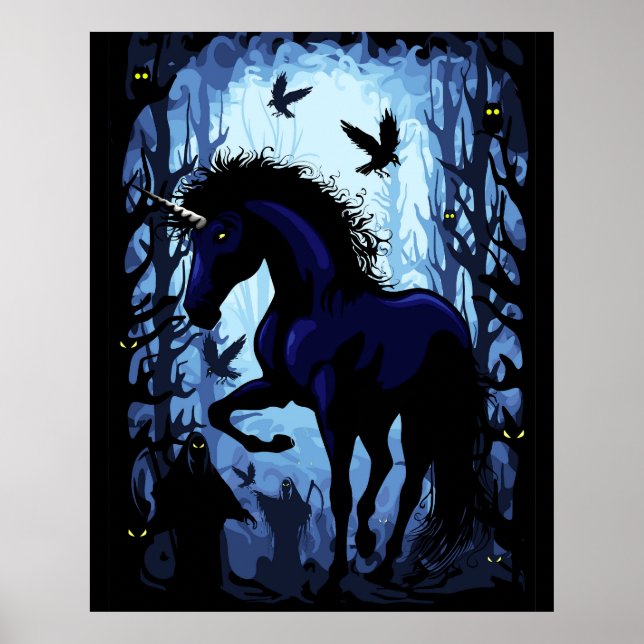 Affiche Unicorne Fée magique noire dans la forêt noire (Devant)