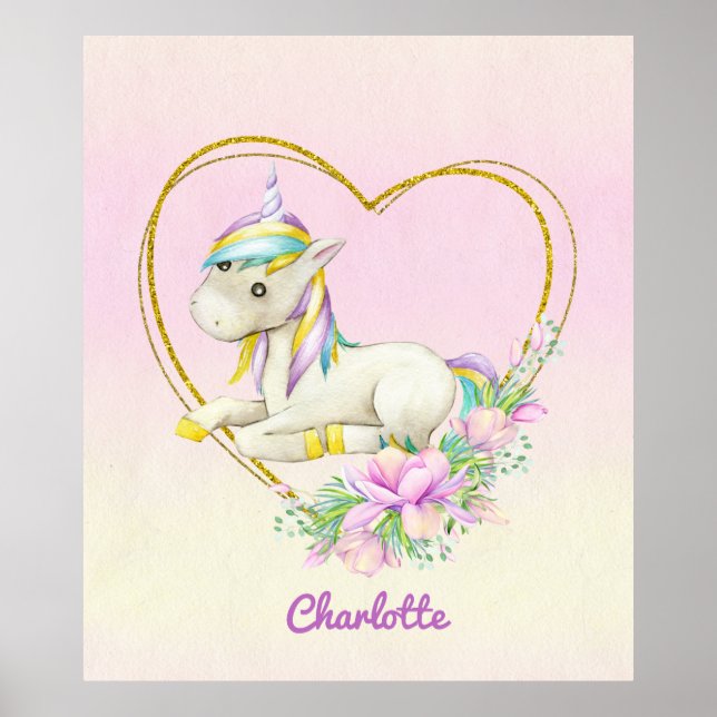 Affiche Unicorne Fleurs cardiaques Aquarelle (Devant)