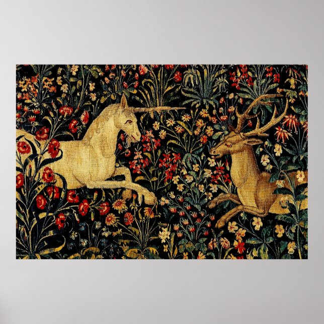 Affiche Unicorne médiévale Midnight Floral Garden suspendu (Devant)