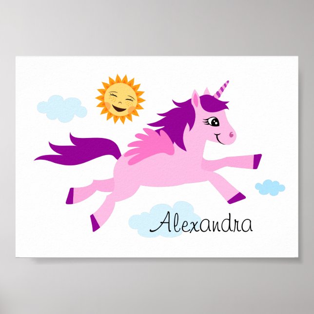 Affiche Unicorne rose et soleil heureux, mur art pour les  (Devant)