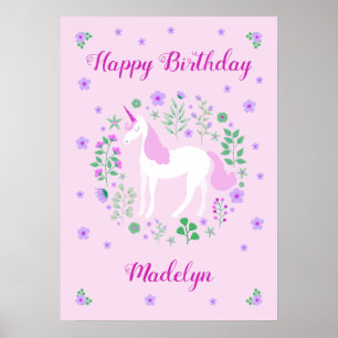 Affiche Unicorne rose Joyeux Anniversaire