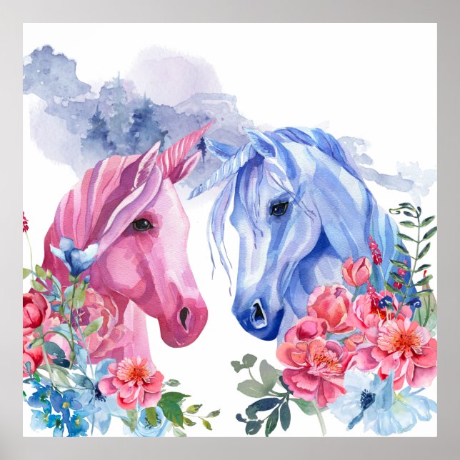 Affiche Unicornes avec Fleurs Aquarelle Art Faux Canvas (Devant)