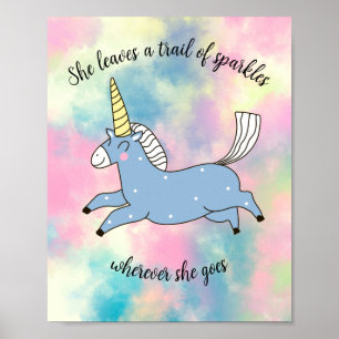 Affiche Unicornes bleues flottantes sur les nuages pastel