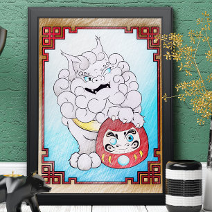 Affiche Unique Foo Dog Art & Daruma Doll Grande coloration