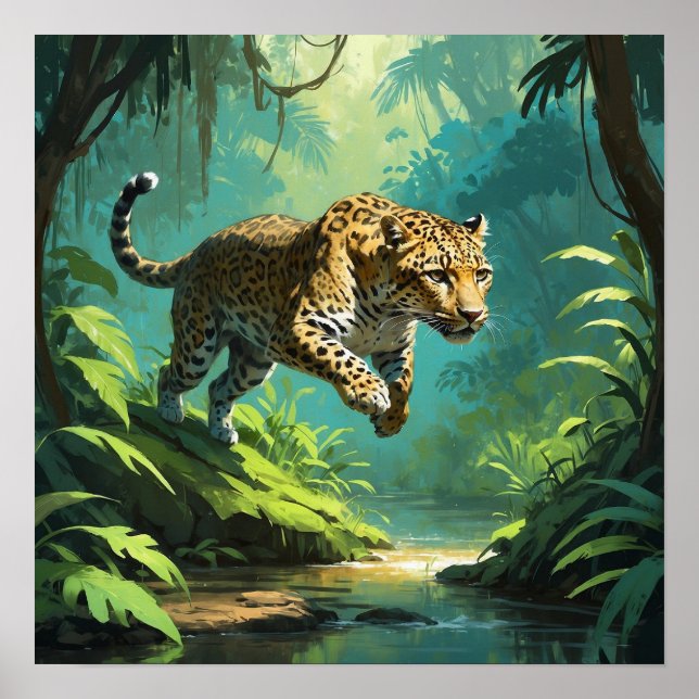 Affiche Unique Jumping Leopard Wildlife Art (Devant)