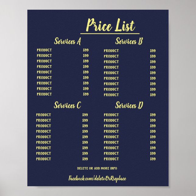 Affiche Universal customizable price list. (Devant)