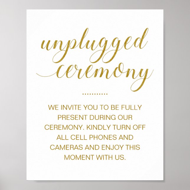 Affiche Unplugged Ceremony Elegant Gold Script Mariage (Devant)
