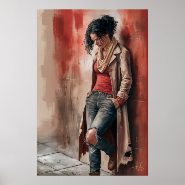 Affiche Urban Solitude: Figure Against the Red Wall (Devant)