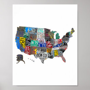 Affiche US American United States Map Flag License Plate A
