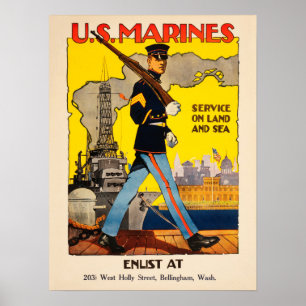 Affiche US Marines Service On Land and Sea American WW1