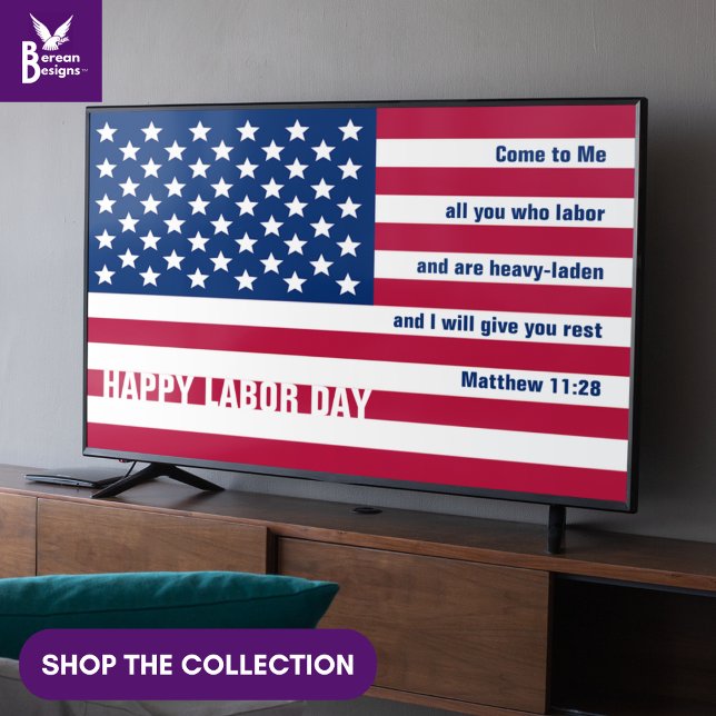 Affiche USA FÊTE DU TRAVAIL Patriotique Christian Frame Ar (Patriotic USA Labor Day wall art for display TV with Christian Bible verse from Matthew 11:28)