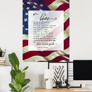 Affiche USA Flag Love Never Fails Bible Patriotic Mariage