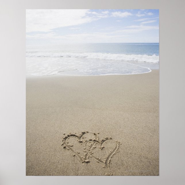 Affiche USA, Massachusetts, Coeurs tirés sur la plage de s (Devant)
