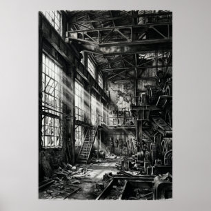 Affiche Usine Industrielle Abandonnée Noir Blanc Urbain Ex