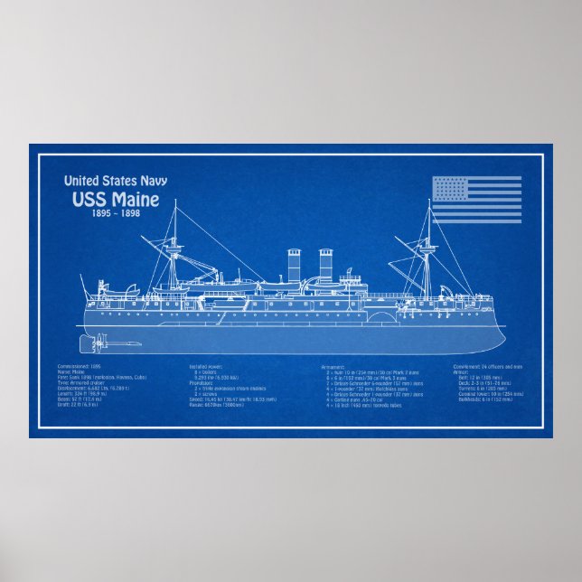 Affiche USS Maine - Plan de plan des navires ABD (Devant)