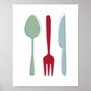 Affiche Ustensiles de cuisine Silhouettes colorées Mi-sièc