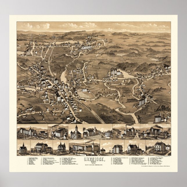 Affiche Uxbridge, MA Carte panoramique - 1880 (Devant)