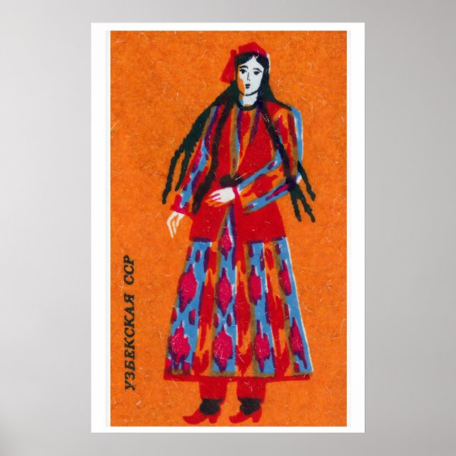 Affiche Uzbek Woman Matchbox Art Print, Vintage Folk Art (Devant)