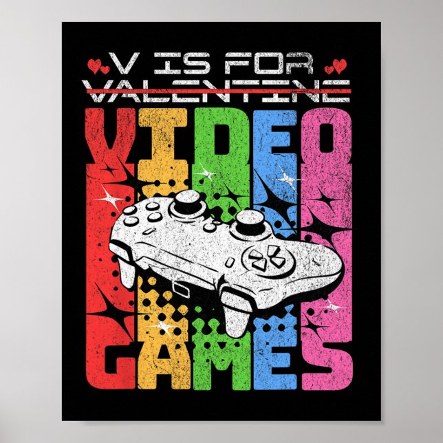 Affiche V est pour les jeux vidéo drôle Saint Valentin jou (Devant)
