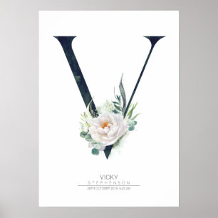 Affiche V Lettre Monogramme Fleurs blanches et verdure
