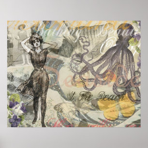 Affiche Vacances à la plage de la pieuvre victorienne goth