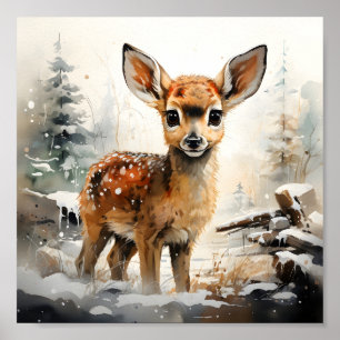 Affiche Vacances d'hiver Forêt Scène Bébé mignon Cher