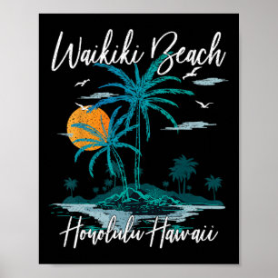 Affiche Vacances en famille coucher de soleil rétro Honolu