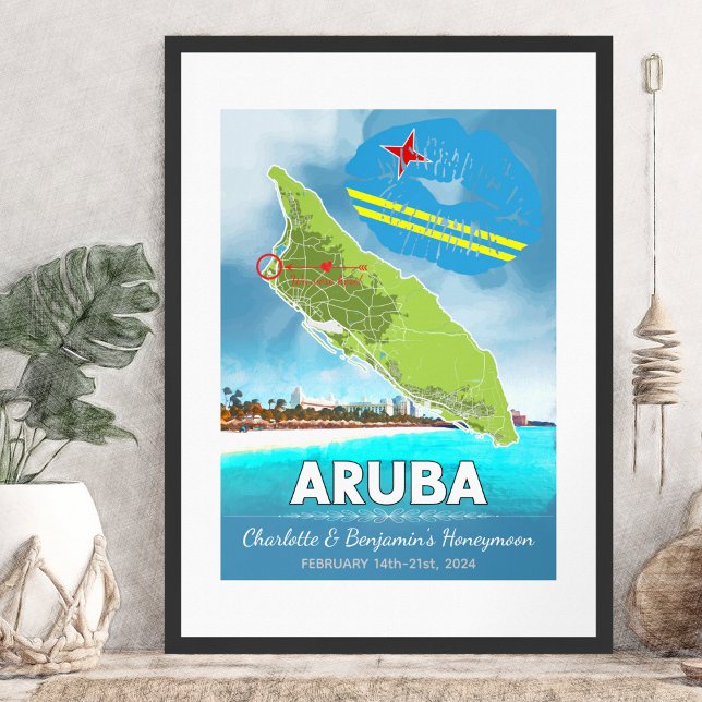 Affiche Vacances romantiques Lune de miel Carte de l'île d (Romantic Honeymoon Vacation Memories of Aruba in the Caribbean Map Poster - Sketch Mockup)