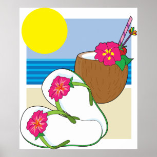 Affiche Vacances tropicales sur la plage fleurs de coco to