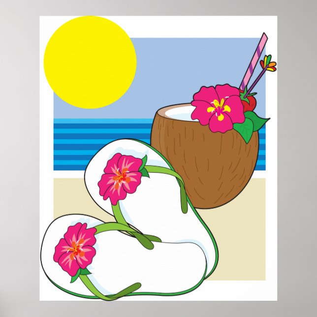 Affiche Vacances tropicales sur la plage fleurs de coco to (Devant)