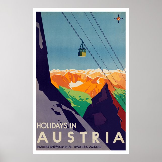 Affiche Vacances vintages en Autriche Gondola Alpes (Devant)