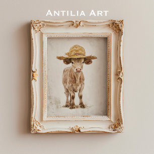 Affiche Vache à paille Casquette Whimsical ferme animal ve
