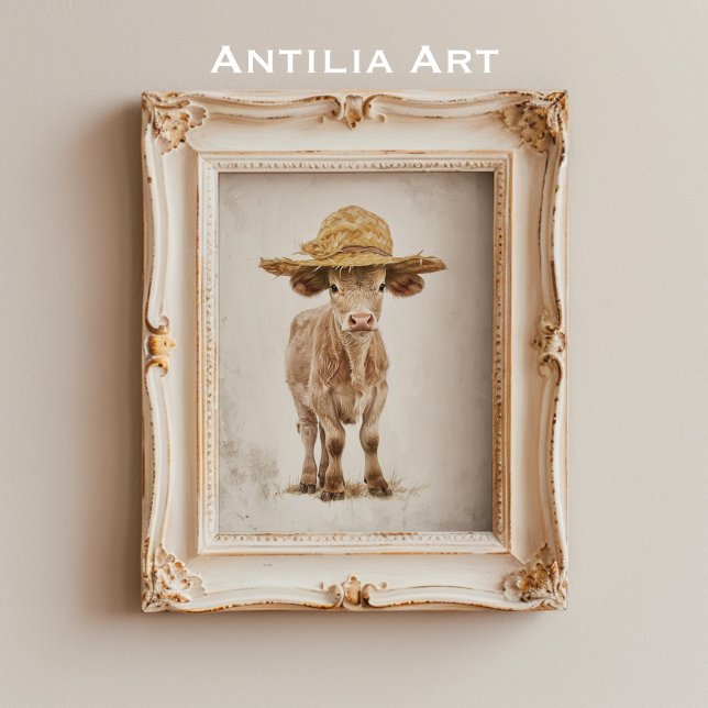 Affiche Vache à paille Casquette Whimsical ferme animal ve (Créateur téléchargé)