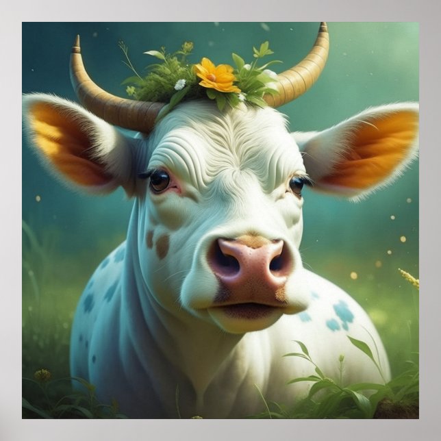 Affiche Vache Ai blanche mignonne avec cornes et fleurs (Devant)