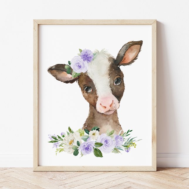 Affiche Vache, Animaux de ferme, Fleurs violettes, Neutre  (Créateur téléchargé)