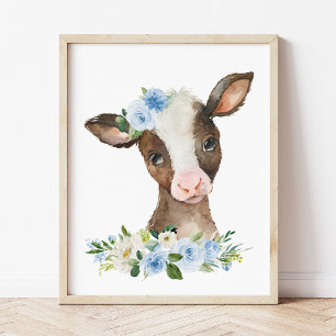 Affiche Vache, Animaux De Ferme, Grange, Fleurs Bleues, Ga