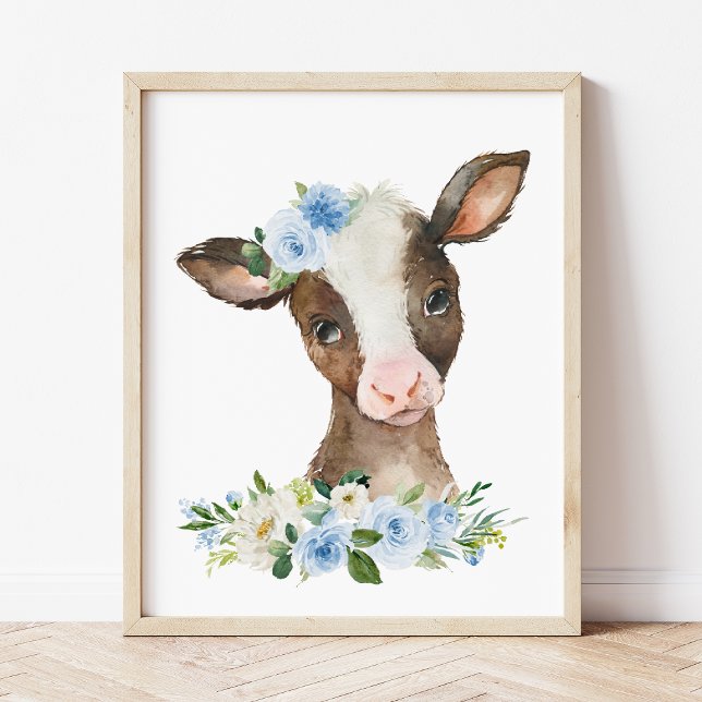 Affiche Vache, Animaux De Ferme, Grange, Fleurs Bleues, Ga (Créateur téléchargé)