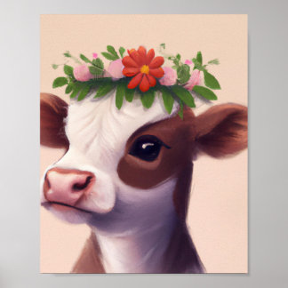 Affiche Vache bébé avec couronne de fleurs