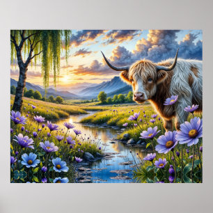 Affiche Vache croisée Highland/Longhorn dans un paysage fl