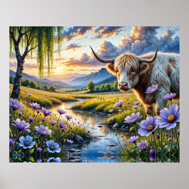 Affiche Vache croisée Highland/Longhorn dans un paysage fl (Devant)