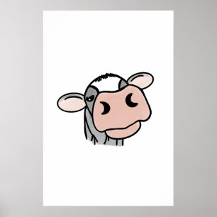 Affiche vache de dessin animé noir blanc rose baiser gris
