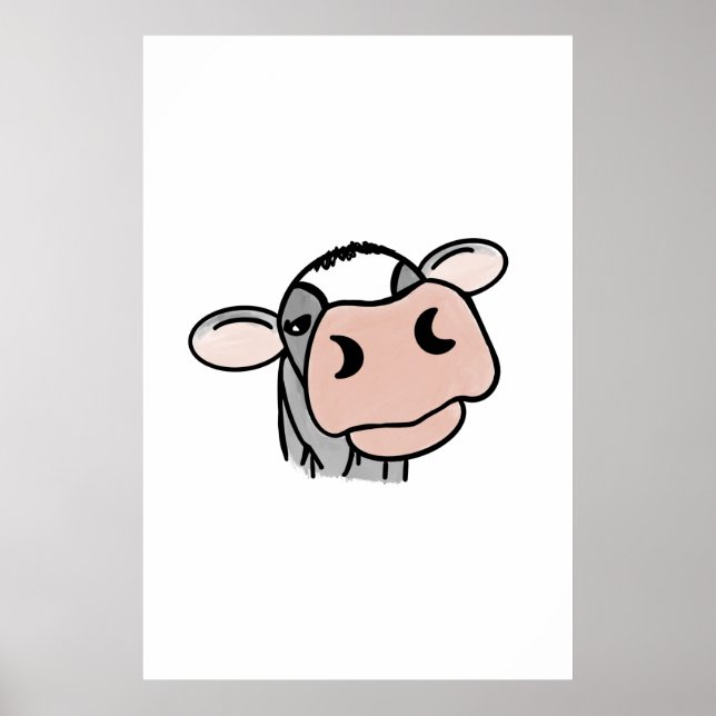 Affiche vache de dessin animé noir blanc rose baiser gris  (Devant)