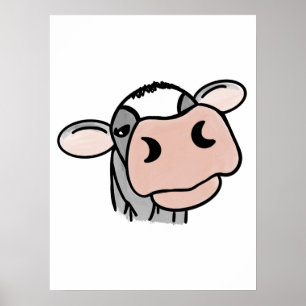 Affiche vache de dessin animé noir blanc rose baiser gris