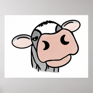 Affiche vache de dessin animé noir blanc rose baiser gris