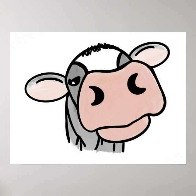 Affiche vache de dessin animé noir blanc rose baiser gris  (Devant)